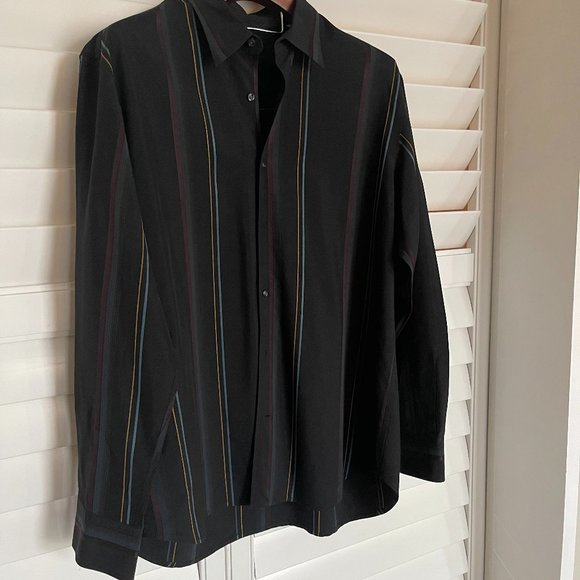Men's Tommy Bahama Black Multi Color Stripe Dress Shirt in Large - Picture 2 of 8